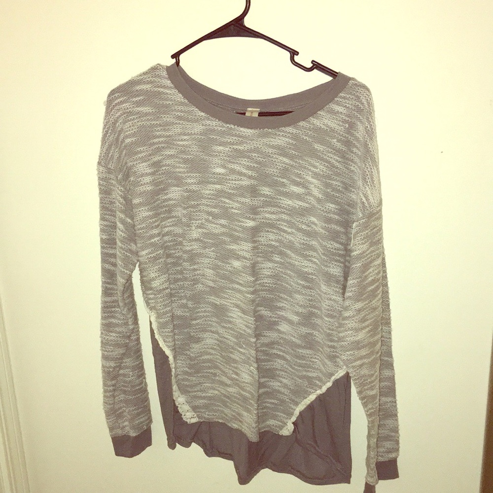 Grey Lace Trim Henley Crewneck
